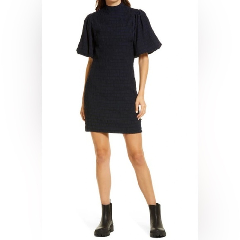 Scotch & Soda Textured Smocked Voluminous Sleeve Mini Dress in Navy Size XS